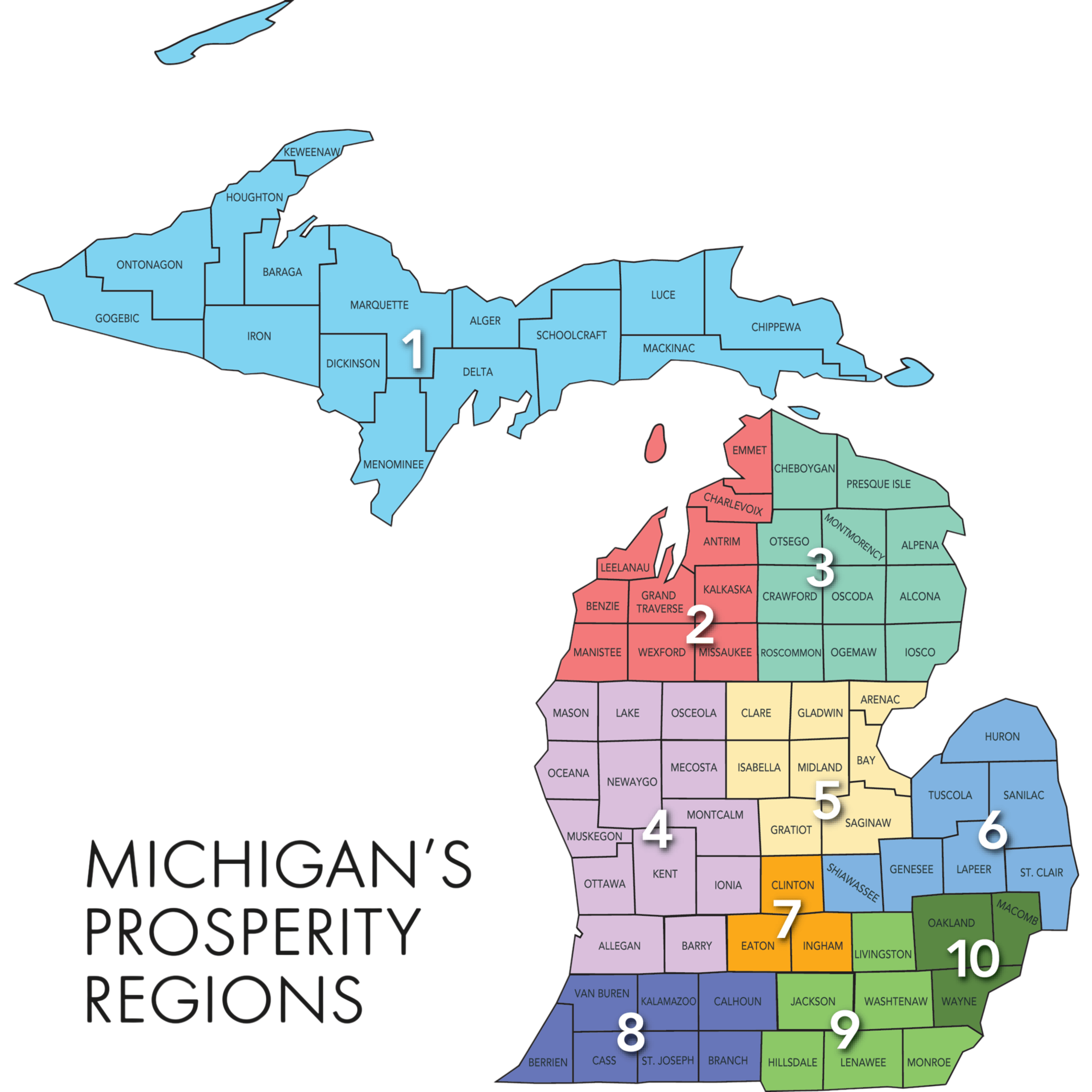 A map of Michigan showing the 10 Prosperity Regions.